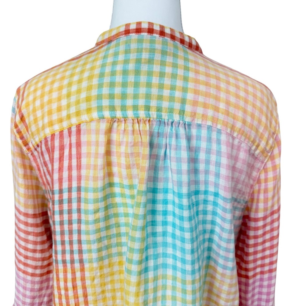 Lands End Women's Rainbow Plaid Linen Roll Tab Button Up Top M Beachy Lagenlook - Picture 8 of 11